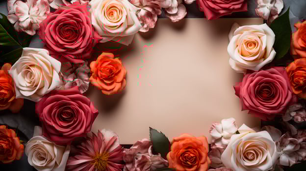 Vivid red, orange, cream roses framing blank card mockup soft beige. Vibrant invitation template advertising image. Floral arrangement. Flowers celebration mock up product photorealistic photo