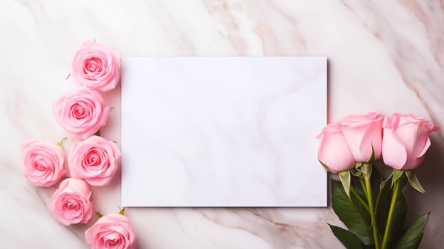 Elegant pink roses and blank card mockup rest on white marble surface. Special invitations, love note template advertising image. Romantic announcement mock up product photorealistic photo