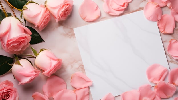 Pink roses and scattered petals surround blank card on marble-textured surface. Romantic invitation, greeting card template advertising image. Announcement mock up product photorealistic photo