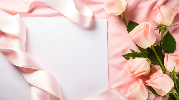 Soft pink roses and satin ribbon with blank card mockup. Luxurious and romantic invitation template advertising image. Special message. Wedding stationery mock up product photorealistic photo