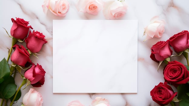 Red and pastel pink roses beautifully arranged around blank card mockup. White marble surface. Valentines day template advertising image. Love notes mock up product photorealistic photo