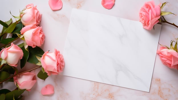 Pink roses and white marble background with blank card mockup. Romantic message template advertising image. Scattered petals invitation announcement mock up product photorealistic photo