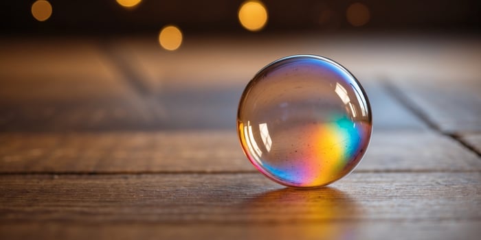a soap bubble sitting on top of a wooden floor. photo