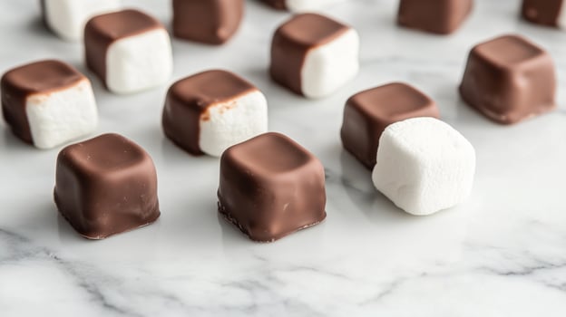 Marshmallows coated with chocolate on marble surface photo