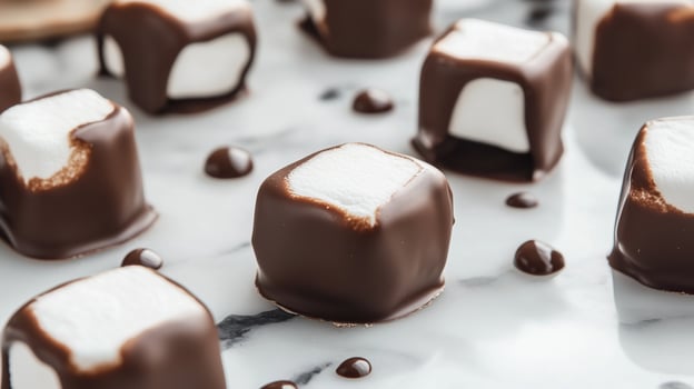 Marshmallows coated with chocolate on marble surface photo