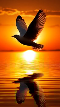 A bird flying over the water at sunset photo
