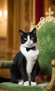 A black and white cat wearing a bow tie sitting on a green chair photo