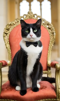 A black and white cat wearing a bow tie sitting on a chair photo