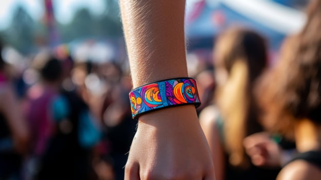 A hand displays a vibrant wristband amidst a crowded outdoor music festival under sunny skies. photo