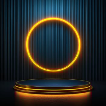 A neon ring on a stage with a spotlight photo