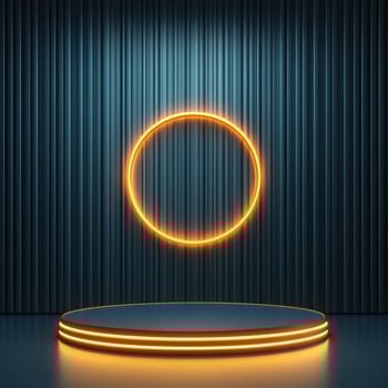 An empty stage with neon lights and a round circle photo