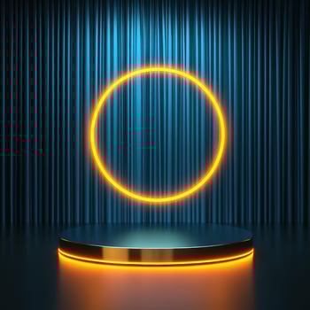 A neon ring on a podium with a blue curtain photo