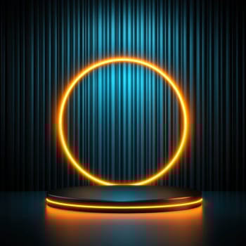 Neon glowing circle on a stand with a dark background photo
