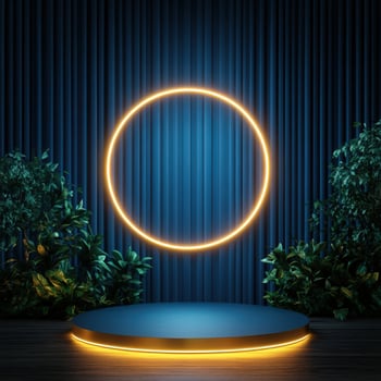 Round neon circle on stage with plants and blue background photo
