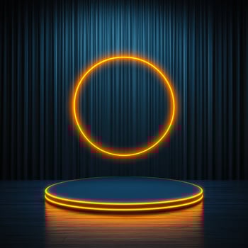 Neon circle on stage with blue curtain photo