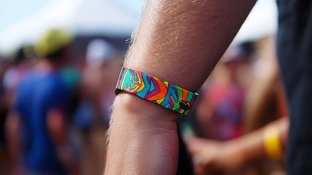 A vibrant wristband adorns a person's arm, surrounded by a lively crowd at a summer music festival. photo