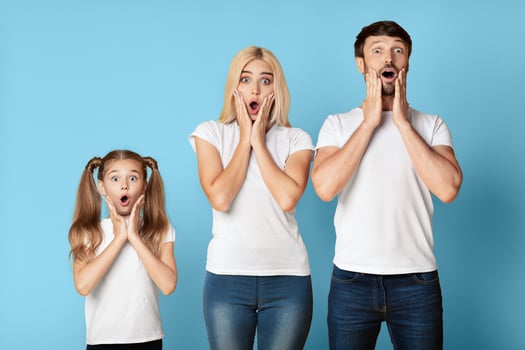 A young girl, a woman, and a man all stand in a row against a blue background, looking at the camera with hands cupped around their mouths in a shocked expression. photo