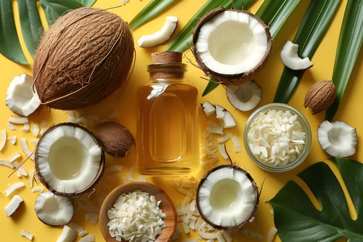 Tropical Coconut Oil and Shredded Coconut with Leaves on Yellow Background for Natural Wellness and Organic Beauty Products photo