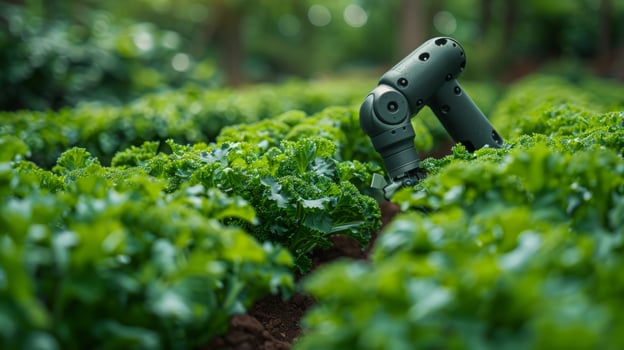 A robotic arm is shown harvesting crops in a field of leafy green plants. photo