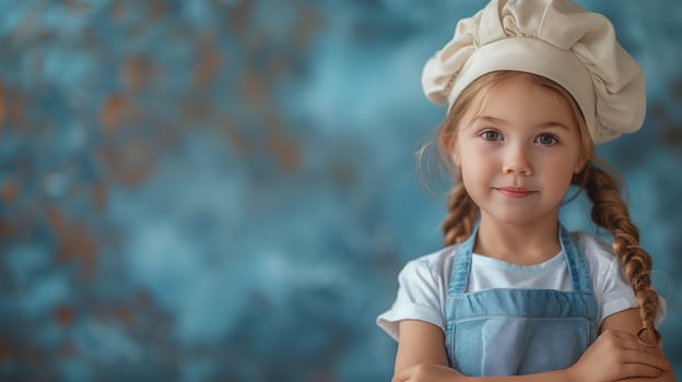 A young girl, wearing a chefs hat and apron, stands in front of a blue background. She looks directly at the camera with a serious expression. photo