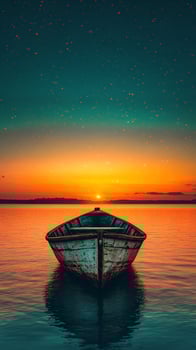A boat sitting on the water at sunset photo