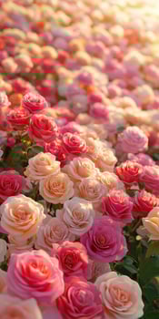 Vibrant rose garden in bloom under soft sunlight during springtime photo