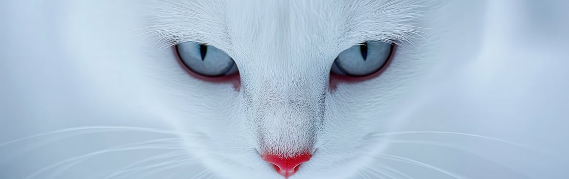 A close-up of a white cat with striking blue eyes and pink nose photo