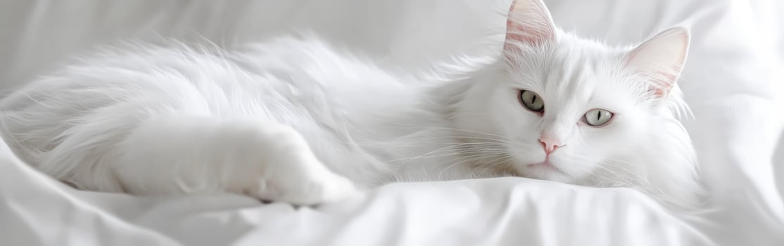White cat lounging on soft white fabric in cozy indoor setting photo