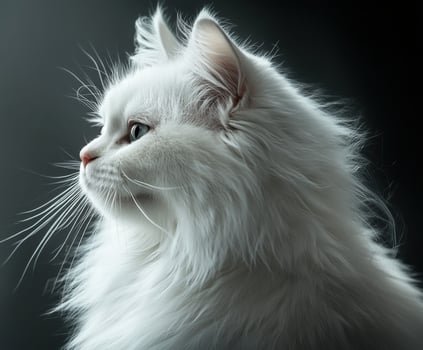 White cat with soft fur gazes thoughtfully in low light setting photo