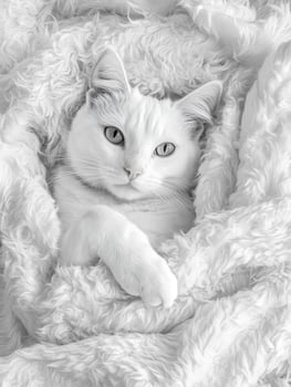 Fluffy white cat relaxing comfortably in a cozy blanket on a sunny day photo