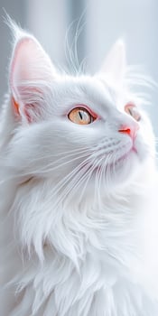 Elegant white cat with striking orange eyes gazes thoughtfully indoors photo