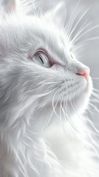 Close-up of a fluffy white cat gazing brightly in soft light photo