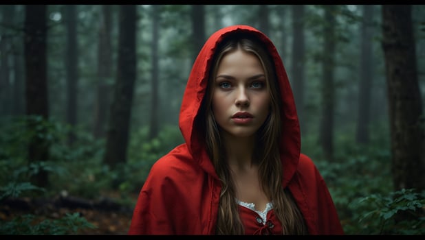 A woman in a red hoodie in the woods photo