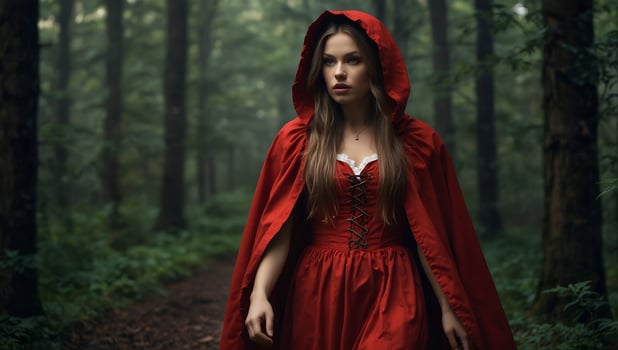 A woman in a red cloak walking through the woods photo