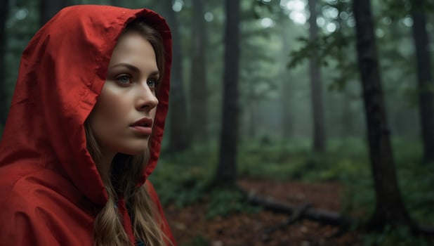 A woman in a red hooded jacket in the woods photo