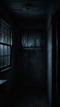 A dark room with a window and a table photo