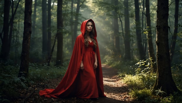 A woman in a red cloak standing in the woods photo