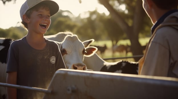 Two young boys laughing as they learn how to milk a cow, with a patient farmer showing them the proper techniques for a successful yield. photo