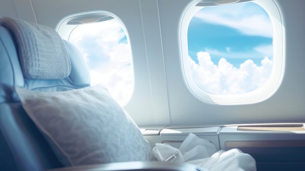 Rest and relax in utmost elegance while taking in the breathtaking beauty of the clouds through the impeccably designed jet window, adding a touch of luxury to your flight. photo