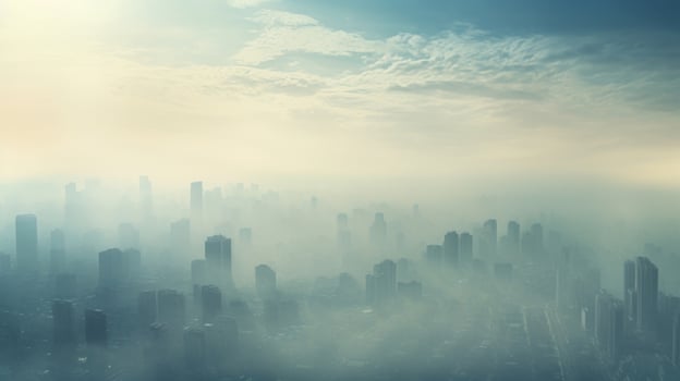 Hazy Metropolis A captivating view of a city enveloped in a hazy layer of pollution, illustrating the ongoing battle between urbanization and environmental conservation. photo