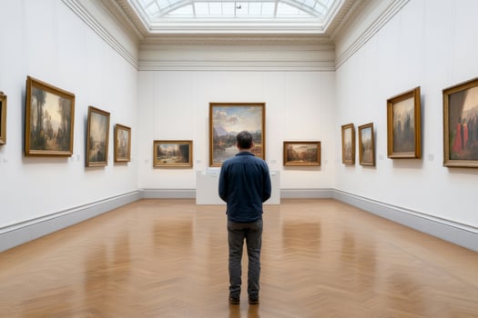 Man stands alone in an art gallery, contemplating framed paintings photo