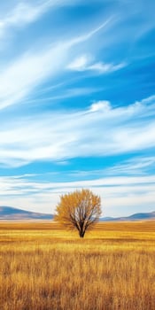 Golden autumn grassland under a clear blue sky with a lone tree photo