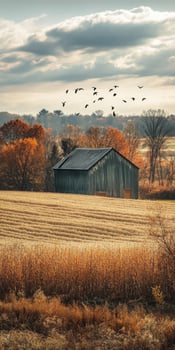 Rustic barn surrounded by autumn foliage and migrating birds at dusk photo