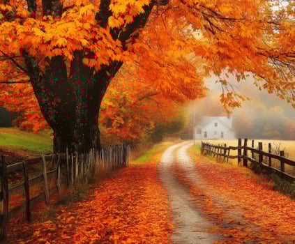 Serene autumn pathway lined with vibrant orange leaves and a quaint cottage photo