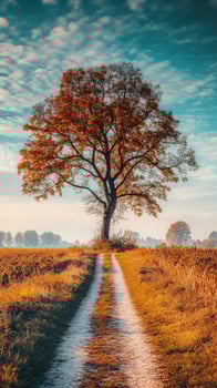 Autumn landscape with a lone tree and winding path photo