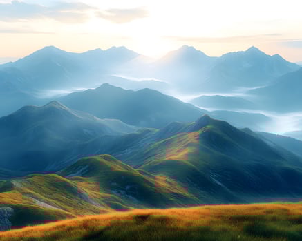Landscape of majestic mountain ranges at sunrise, with golden sunlight casting soft rays over distant hills and valleys. The foreground consists of a grassy ridge covered in golden autumn hues. photo