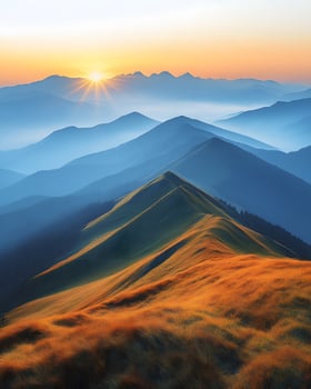 Landscape of majestic mountain ranges at sunrise, with golden sunlight casting soft rays over distant hills and valleys. The foreground consists of a grassy ridge covered in golden autumn hues. photo