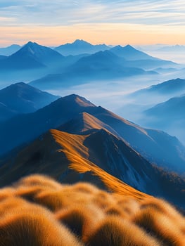 Landscape of majestic mountain ranges at sunrise, with golden sunlight casting soft rays over distant hills and valleys. The foreground consists of a grassy ridge covered in golden autumn hues. photo