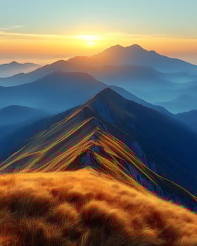 Landscape of majestic mountain ranges at sunrise, with golden sunlight casting soft rays over distant hills and valleys. The foreground consists of a grassy ridge covered in golden autumn hues. photo