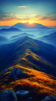 Landscape of majestic mountain ranges at sunrise, with golden sunlight casting soft rays over distant hills and valleys. The foreground consists of a grassy ridge covered in golden autumn hues. photo